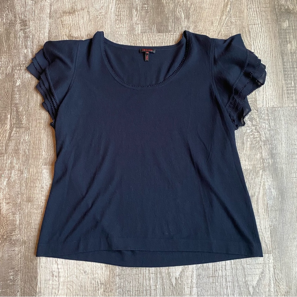 Escada Silk/Cashmere Dark Navy Top with Silk/Beaded Ruffle Sleeve Detail Sz 46.